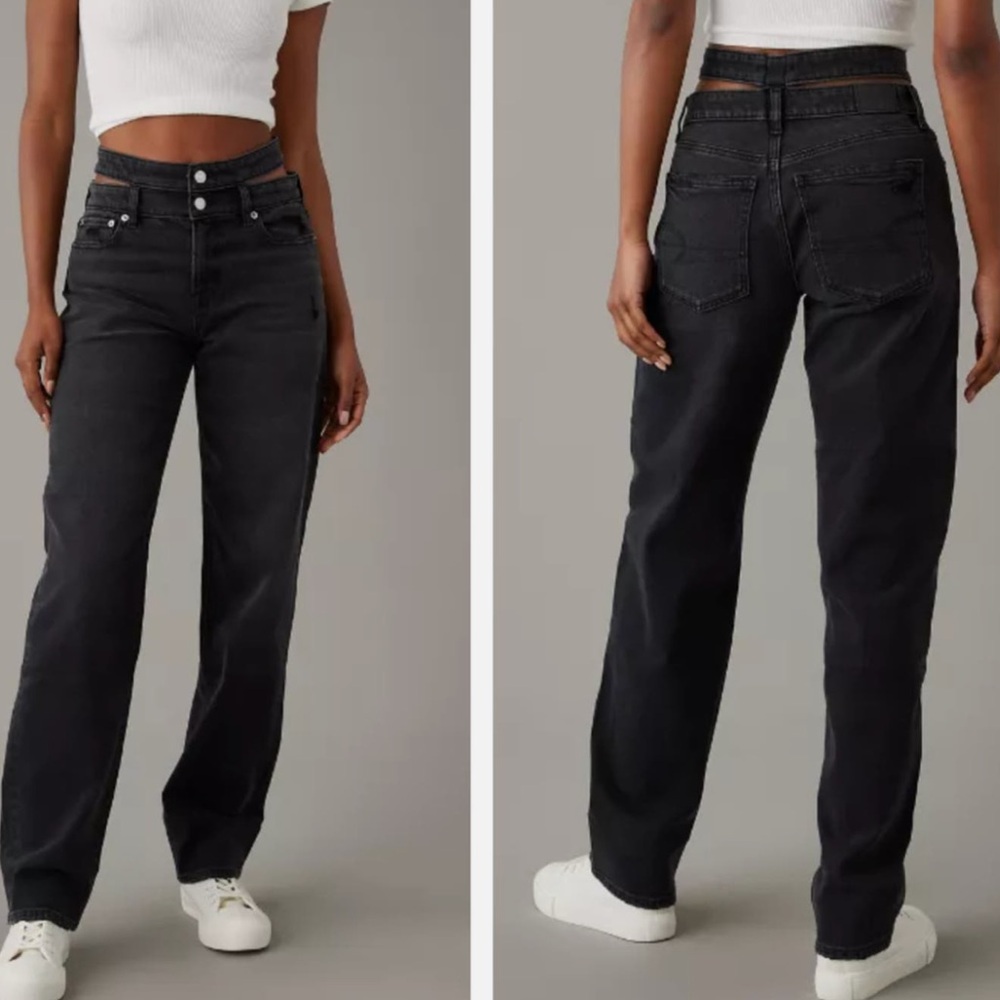 NWT AE Super High Rise Baggy Straight Cut Out Jean in Black Marl
